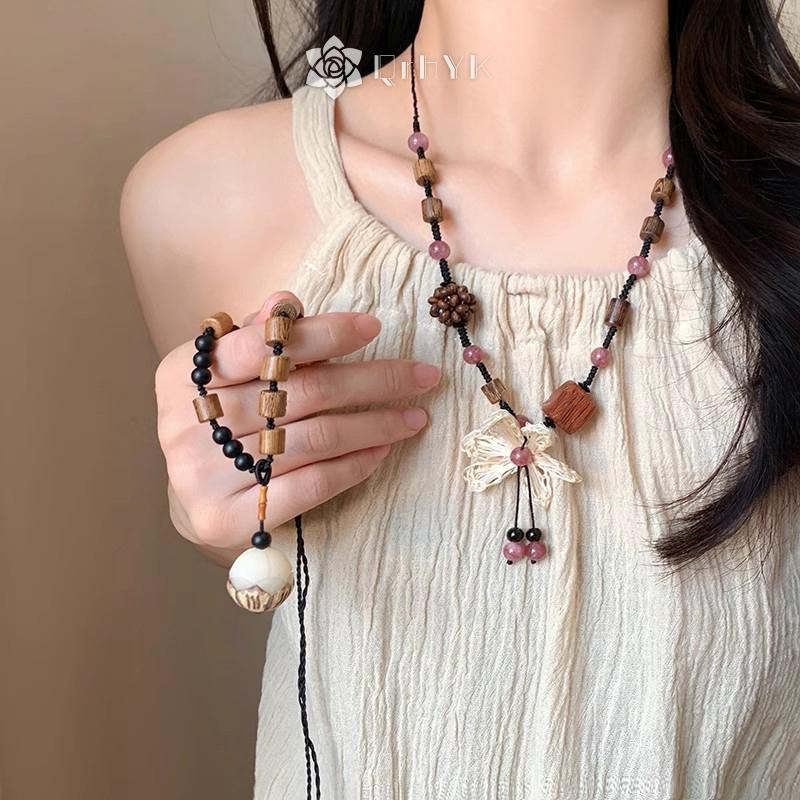 QrhYK Phong Cách Dân Tộc Bồ Đề Hoa Vòng Cổ Nữ Cô Gái Dài Dệt Hoa Áo Len Dây Chuyền Trang Sức Thời Trang Phụ Kiện Quà Tặng Sinh Nhật Mới