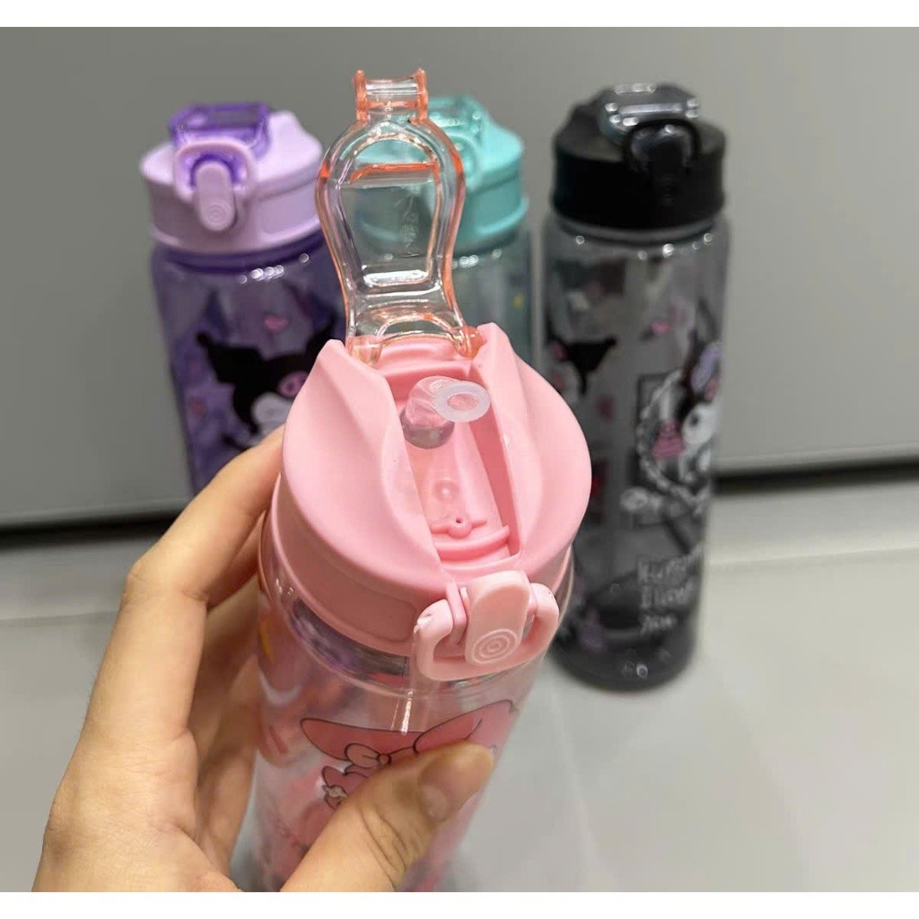 Bình Nước Kuromi  800ml - Ống Hút BPA-Free - Trong Suốt Kawaii - Phù Hợp Cho Bé, Đi Học, Du Lịch