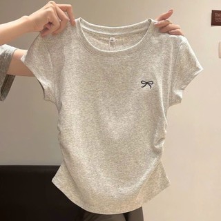 Áo nữ dáng croptop babytee tôn dáng Xám Thêu Nơ