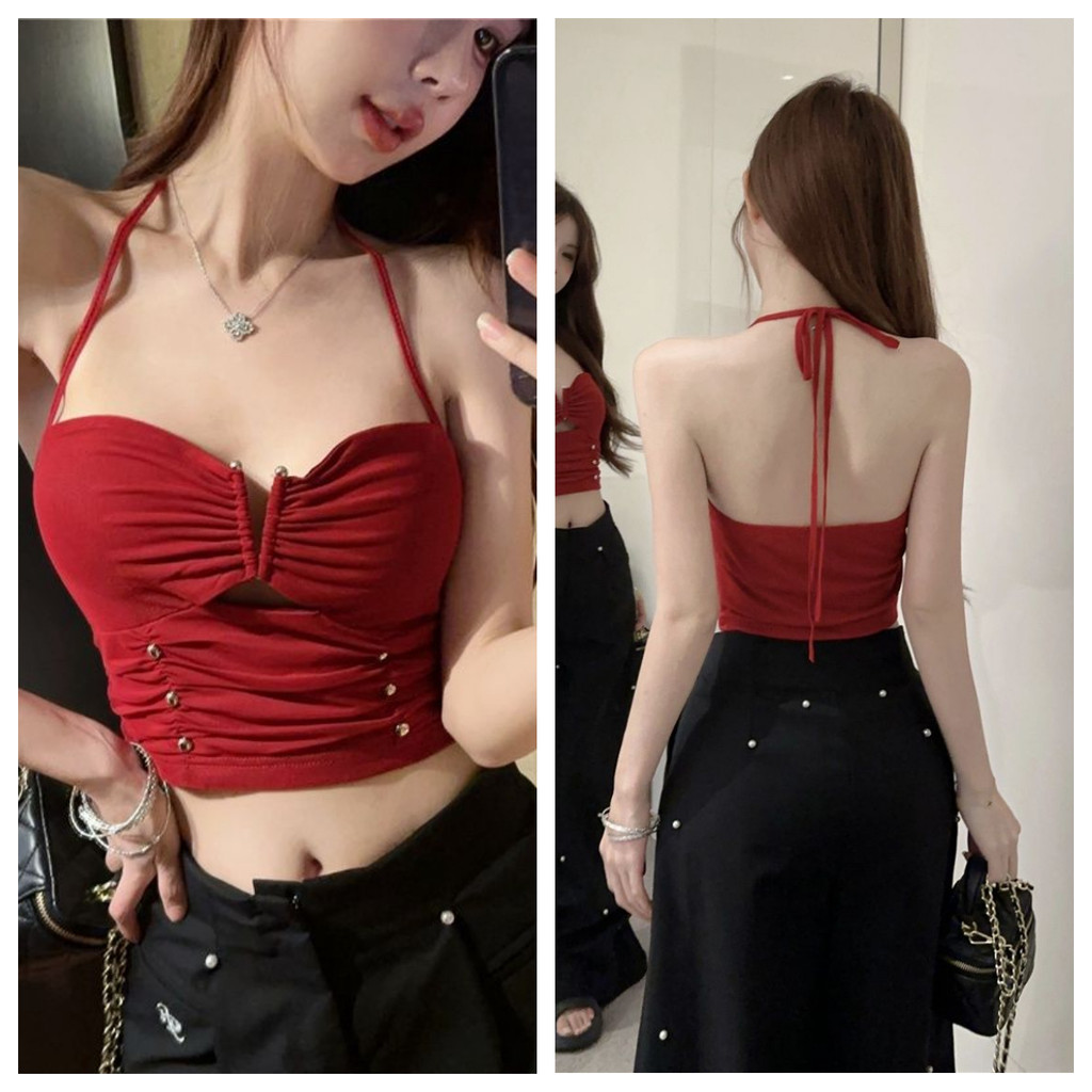 Áo 2 dây croptop Gợi Cảm Rỗng Nhỏ Chữ V Dây Cổ Ren-Up Áo Vest Mùa Hè Hẹp Ôm Hơn Nhìn Nẹp Đầu Ngắn Phù Hợp Với