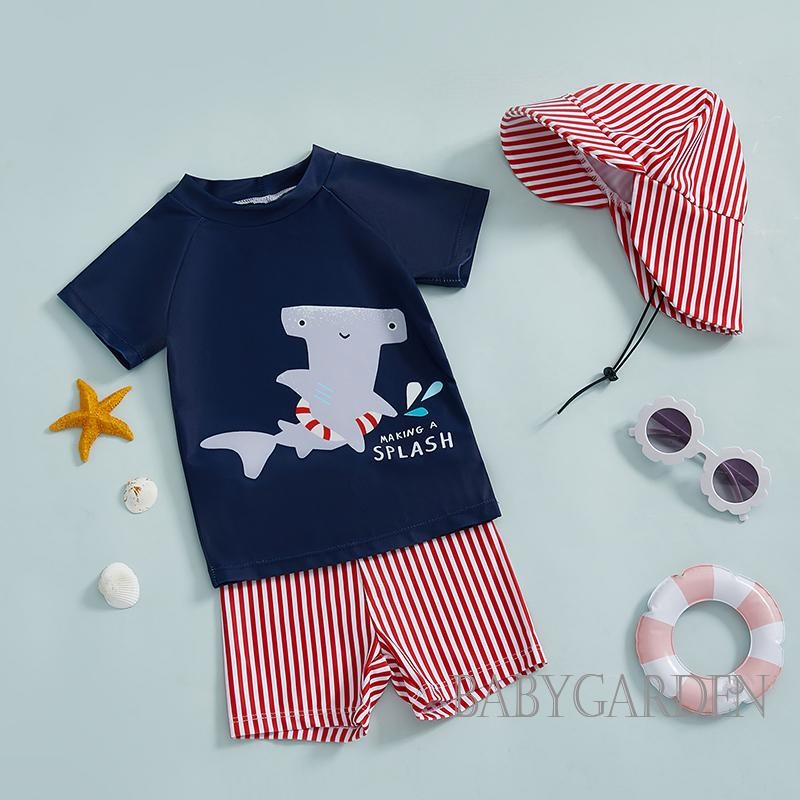/ / -0-4 Tuổi Bộ đồ bơi bé trai tập đi in hình cá mập Áo bảo vệ phát ban ngắn tay + Quần Short + Mũ chống nắng 3 chiếc Trang phục bộ đồ tắm