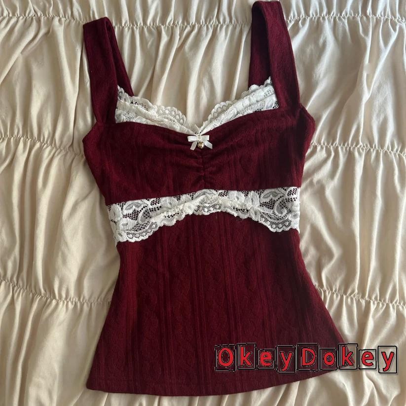 OKDK-90s Vintage Ren Viền Camisole Nữ, Phong Cách Grunge,Slim Fit, Retro Y2K Cottage Crop Top