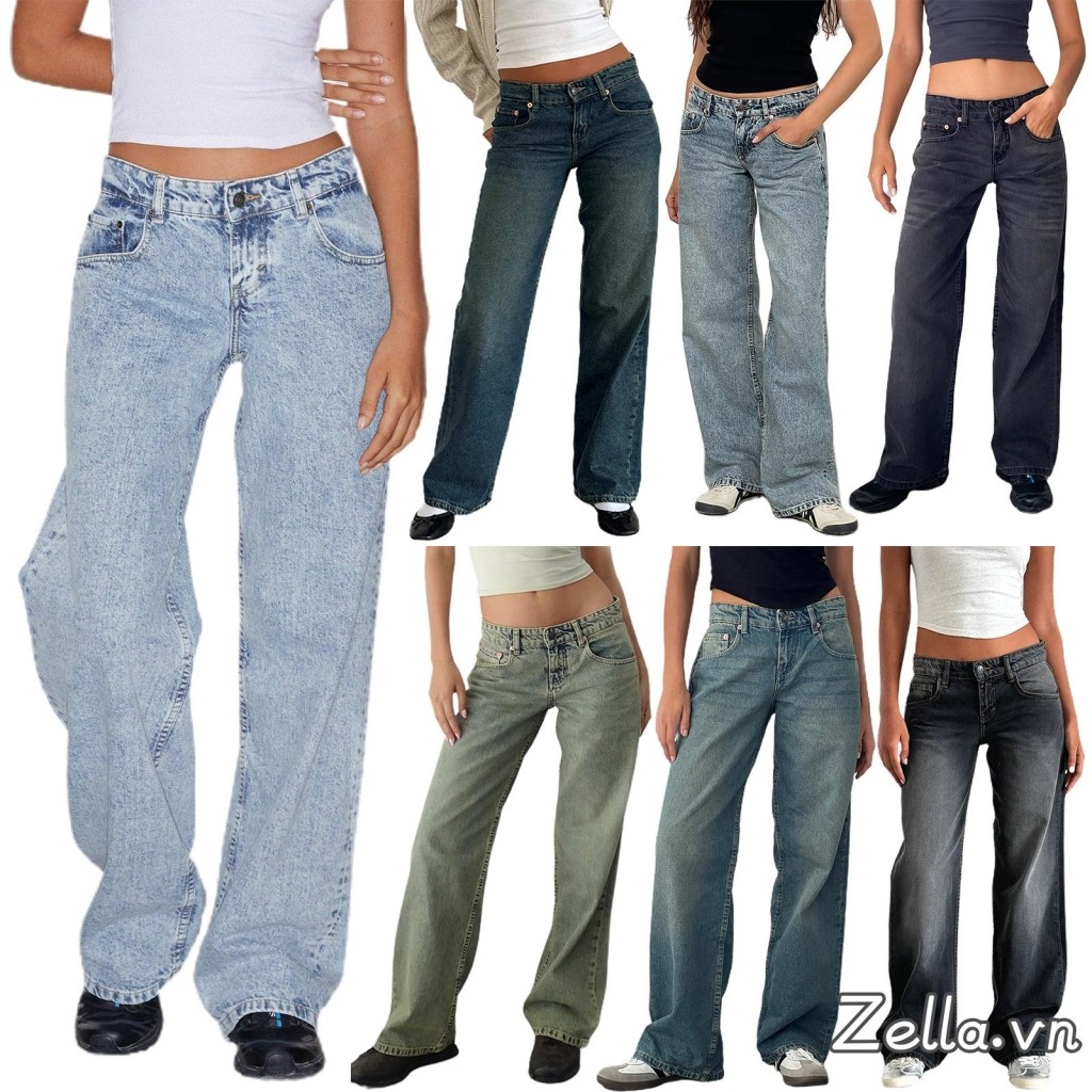 Quần jean cạp thấp thường ngày dành cho nữ Quần Denim ống thẳng dáng rộng có túi cho mùa xuân hè