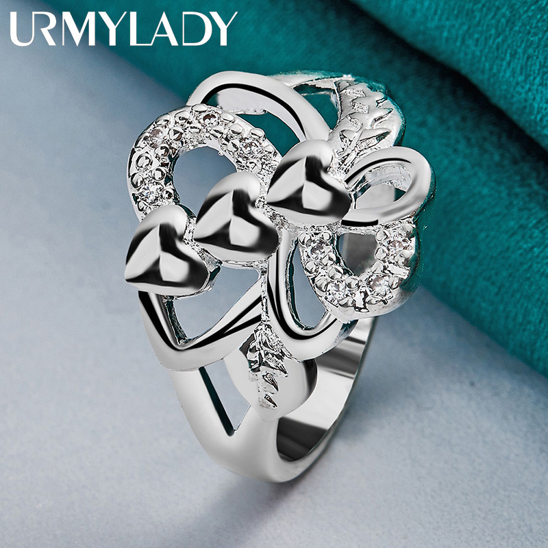 URMYLADY Bạc 925 Ba Trái Tim 7-10 # Nhẫn Nữ Tiệc Cưới Thời Trang Quyến Rũ Trang Sức