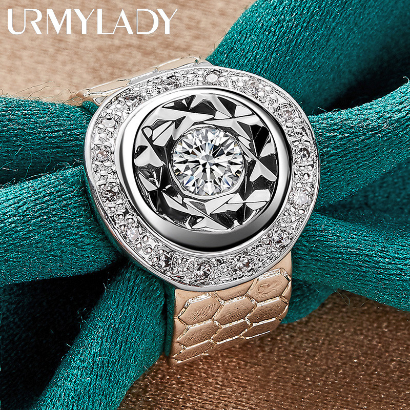 URMYLADY Đồng Hồ Bạc 925 Zircon 7-10 # Nhẫn Nữ Cưới Đính Hôn Trang Sức Thời Trang
