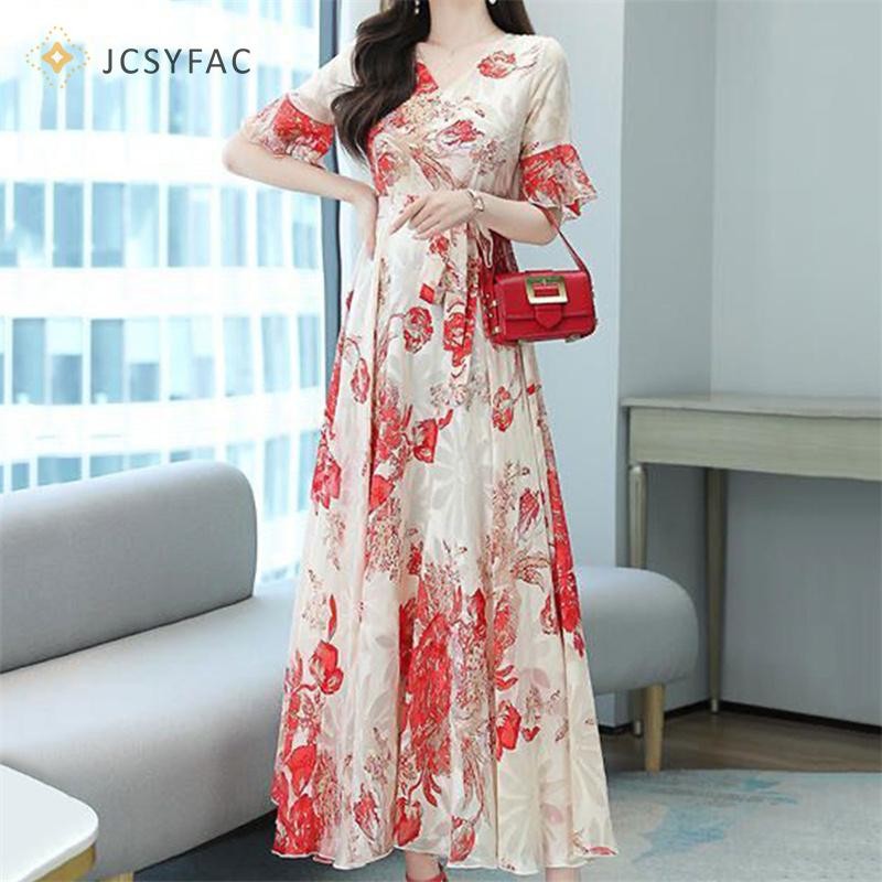 Jcsyfac 2022 Thanh Lịch Nữ Plus Kích Thước Boho Đi Biển Đầm Maxi Hoa Voan Midi Sundress Mới