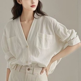Áo Sơ Mi Trắng Nữ Pháp Cổ Chữ v Nguyên Chất Cotton Rời Dài Tay Top Ôm Hơn-