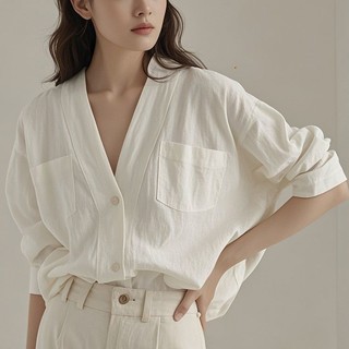 Áo Sơ Mi Trắng Nữ Pháp Cổ Chữ v Nguyên Chất Cotton Rời Dài Tay Top Ôm Hơn-