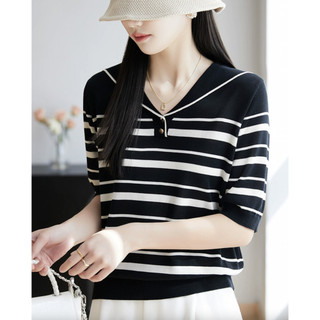 Retro Sọc Tay Ngắn Phong Cách Hàn Quốc Băng Lụa Dệt Kim Rời Phong Cách Phương Tây Cổ Áo Thun Mỏng Mùa Hè Áo Thun Top Tencel Áo Thun