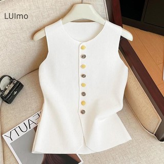 Luimo Pháp Thanh Lịch Nút Hoa Cổ Tròn Không Tay Áo Dệt Kim Mỏng Cho Nữ SBS