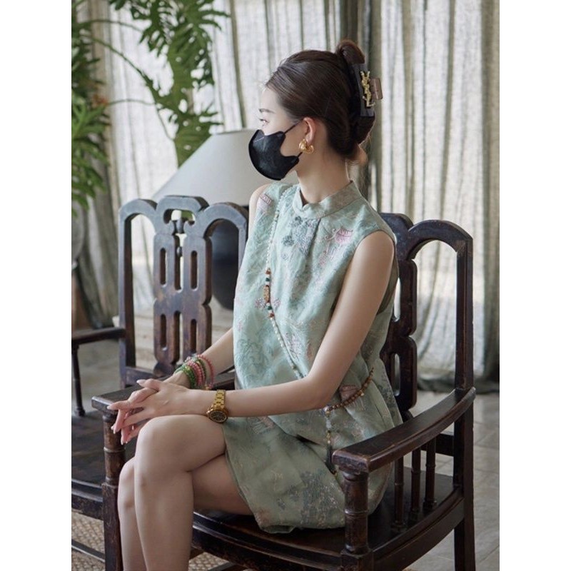 Phong Cách Trung Hoa Mới Phong Cách Trung Hoa Cải Tiến Váy Sườn Xám Xanh Nữ Mùa Hè Cao Cấp Cảm Giác Sang Trọng Người Nổi Tiếng Emb