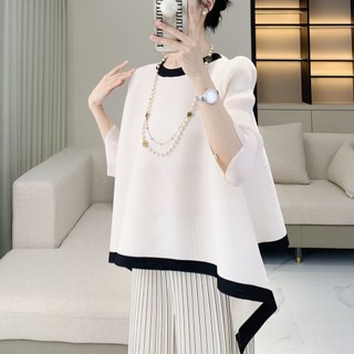 Miyake Áo Sơ Mi Xếp Ly Mùa Hè Cho Nữ, Phong Cách Mới, Size Lớn Cổ Tròn, Thun Tay Ngắn Rời