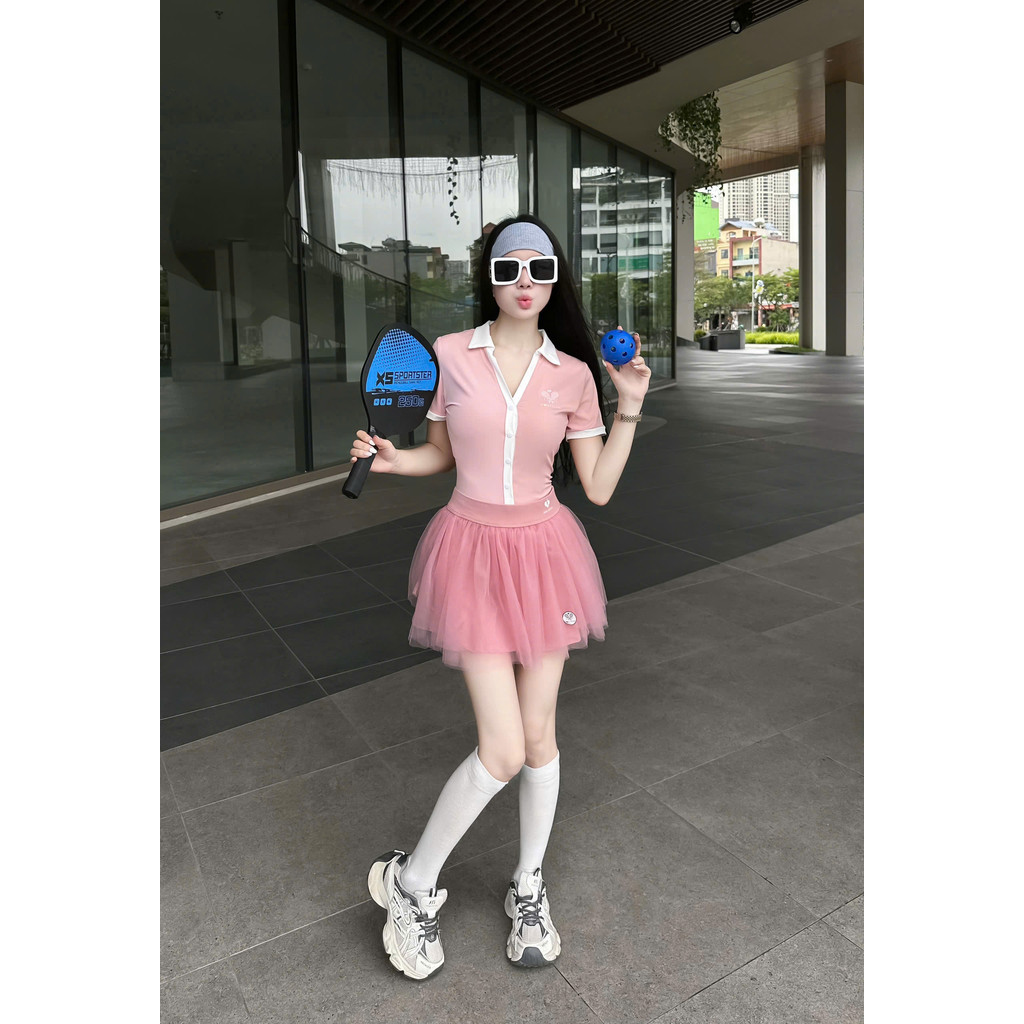 [PICKLEBALL] Set thể thao nữ Pompeche-áo bra khoa suốt lulu kết hơp Chân váy xoè tutu tập pickleball, tennis, gofl