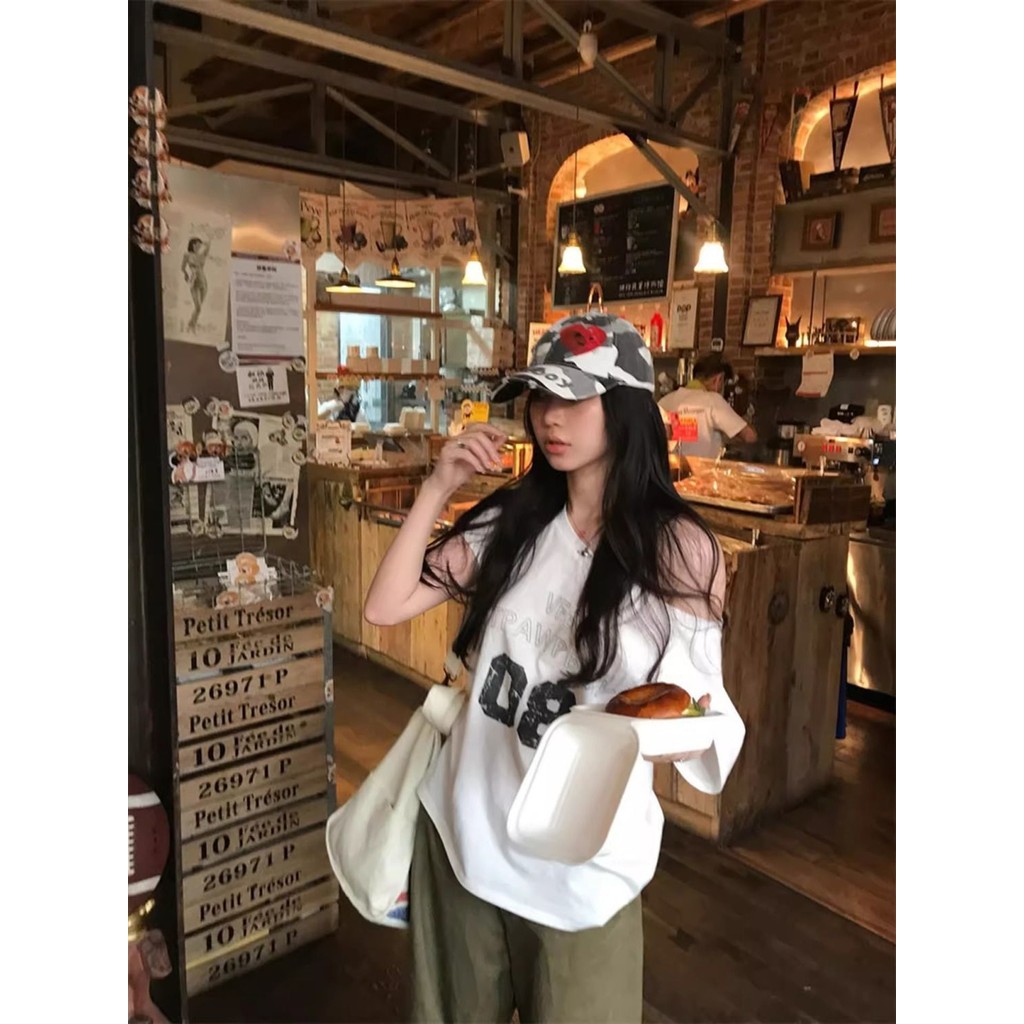Milyfashion In Chữ Slanted Vai Áo Thun Nữ Mùa Hè Rời Tay Ngắn Hot Girl Off-Shoulder Top Quần Áo Nữ