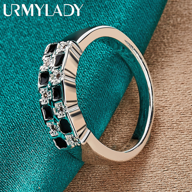 URMYLADY Bạc 925 Đen Trắng Lưới Zircon 7-10 # Nhẫn Nữ Trang Sức Quyến Rũ Thời Trang