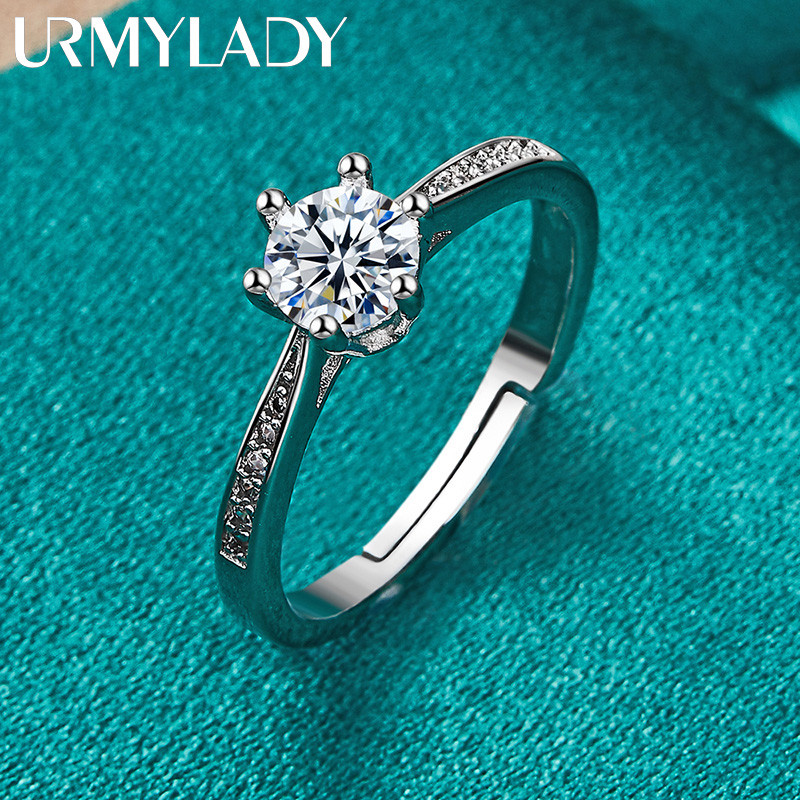 URMYLADY Bạc 925 Sáu Móng Vuốt Nhẫn Zircon Cho Nữ Tiệc Cưới Trang Sức Cao Cấp