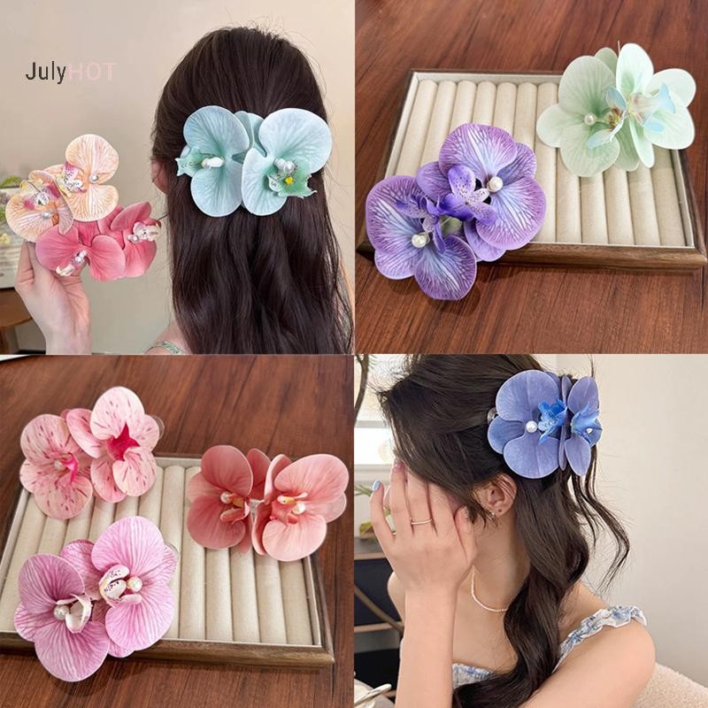Kẹp tóc ngọc trai JULYHOT Phalaenopsis Orchid, mỏ vịt, nơ hoa - Massivedeals