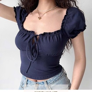 Áo croptop nữ trễ vai tiểu thư nơ cổ ôm dáng mặc được 2 kiểu