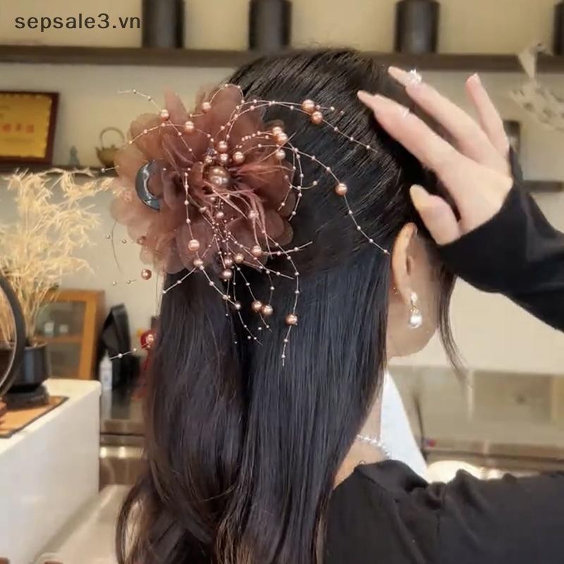 # VN # Lưới Thời Trang Vuốt Tóc Hoa Nữ Đuôi Ngựa Kẹp Mũ Đội Đầu Tính Khí Ngọc Trai sels Mũ Đội Đầu.