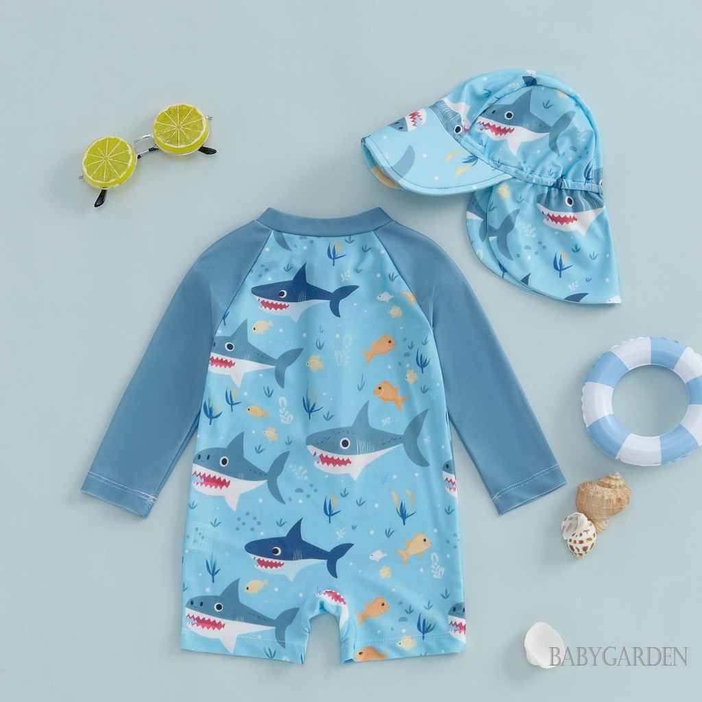 / / -6Month-5 Tuổi Đồ bơi dài tay cho trẻ em / bé trai + Sunhat Shark Print Half Zipper Chống đóng cọc Rash Guard Đồ bơi