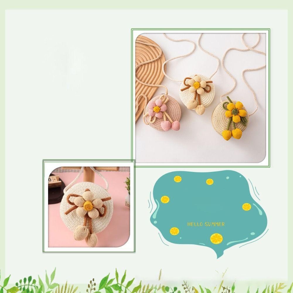 HOBBYIN Túi rơm HOBBYIN, Túi cói màu trơn hình hoa, Ví đựng tiền xu dệt thủ công thông thường cho trẻ em