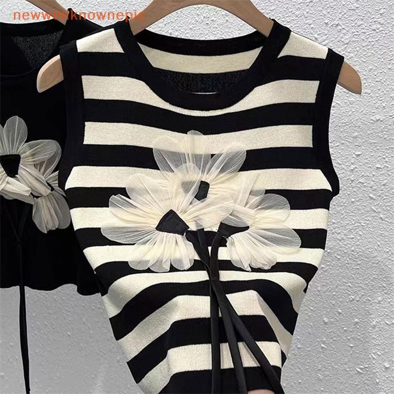 Newwellknownepic Thời Trang Mùa Hè Sang Trọng Hoa Dệt Kim Áo Vest Nữ Cổ Tròn Không Tay Sọc Tank Top VN