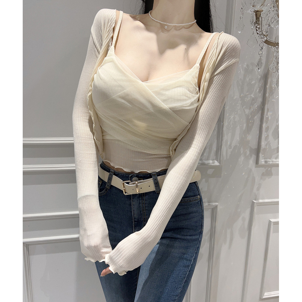 Lưới xếp li + Bộ đồ Cardigan mỏng