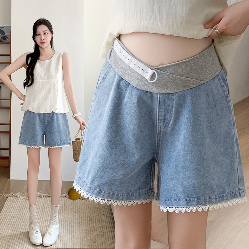 Quần bà bầu mùa hè ren Denim quần ống rộng