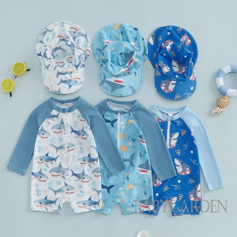 / / -6Month-5 Tuổi Đồ bơi dài tay cho trẻ em / bé trai + Sunhat Shark Print Half Zipper Chống đóng cọc Rash Guard Đồ bơi