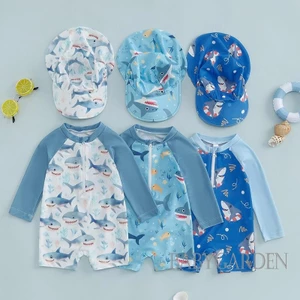 / / -6Month-5 Tuổi Đồ bơi dài tay cho trẻ em / bé trai + Sunhat Shark Print Half Zipper Chống đóng cọc Rash Guard Đồ bơi