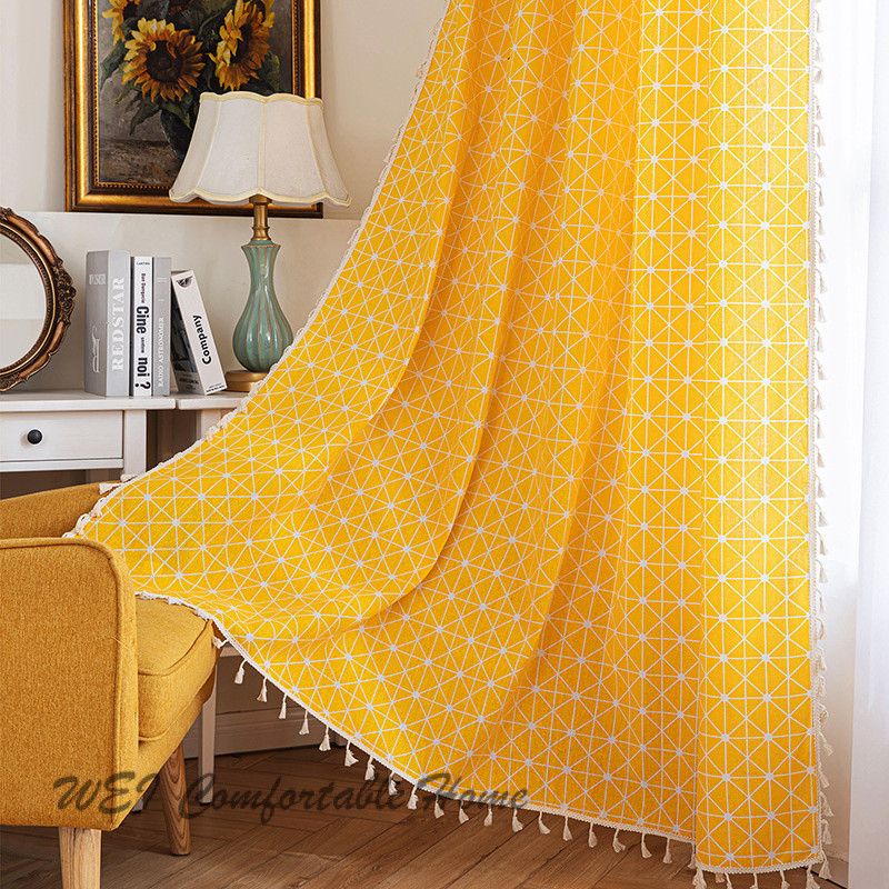 Rèm Bán Đen Kẻ Sọc Màu Vàng Phong Cách Mục Vụ Phòng Ngủ Ban Công Rèm Hiện Đại Đơn Giản Bohemian Vải Lanh Chặn Rèm