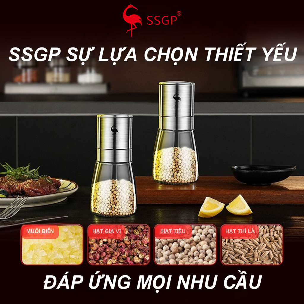 Dụng cụ xay tiêu cầm tay Inox 304 cao cấp của SSGP , SS14401 lọ xay tiêu, xay tiêu thủy tinh