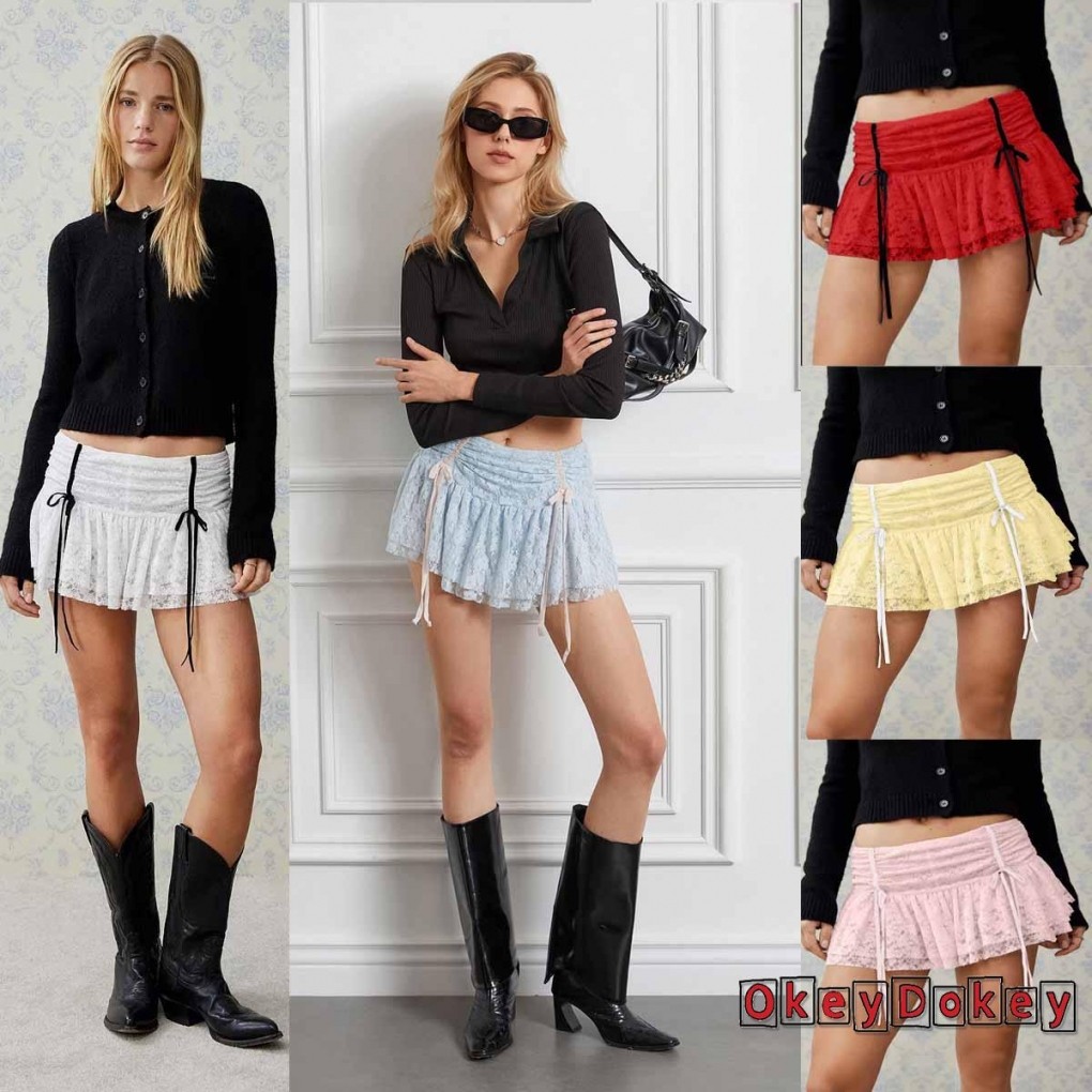Okdk-nữ Thắt Lưng Co Giãn Thắt Nơ Đen Thoải Mái Ren Váy Mini
