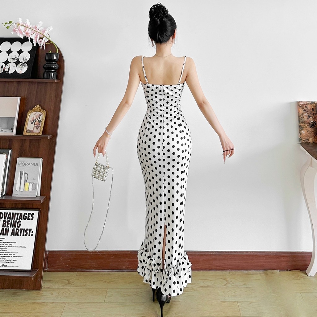 Cutenew Chấm Bi Đầm Maxi Gợi Cảm Sling Backless Skinny Hông-Cover Cá Tính Nóng Gà Con Nhìn Mỏng Hơn Thời Trang Nóng Mới