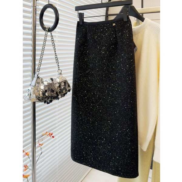 ▲ chân váy sequin ▲ váy bling bling Hạng Nặng Mịn Sáng Mùa Đông Cao Cấp Váy Len Nữ Phía Sau Chia Bước Hông Dài Vừa