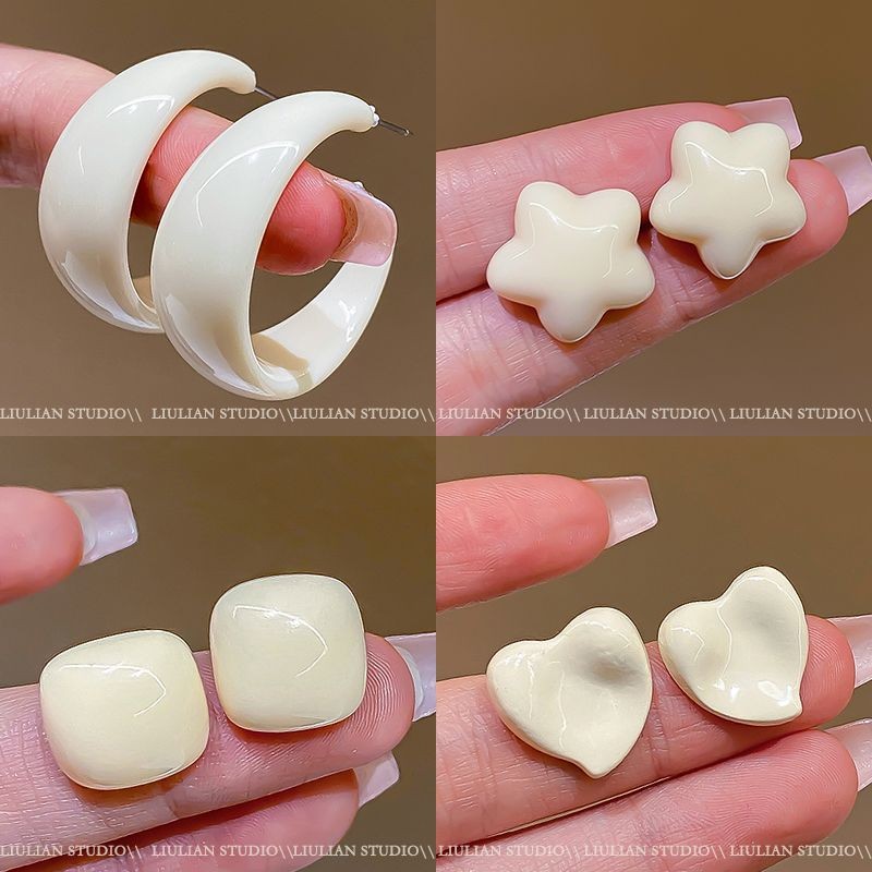 Bông tai trắng sữa cao cấp kiểu Pháp, phong cách đơn giản tinh tế