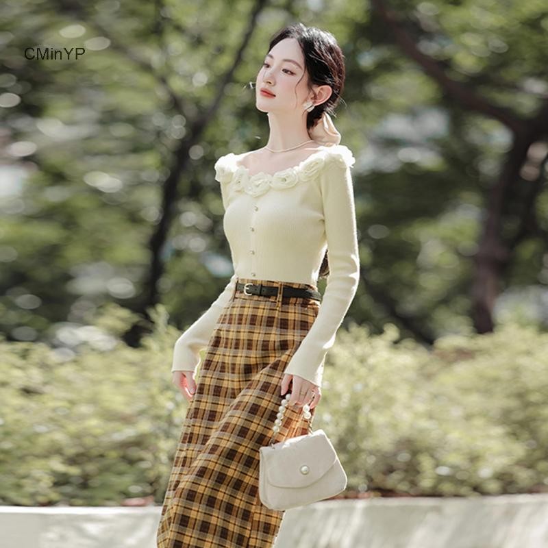 Cminyp Pháp Retro Nhẹ Nhàng Ba Chiều Hoa Ngoài Vai Dài Tay Mỏng Dệt Kim Áo Len Nữ Vinh Quang