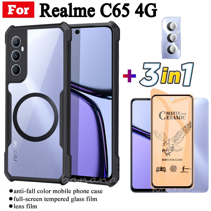Ốp điện thoại chống sốc 3 trong 1 Realme C65 4G có nhãn dán sạc không dây từ tính cho Realme C75 C67 C61 C63 C53 C51 Note 50 60 Kính cường lực bảo vệ toàn diện + Phim ống kính