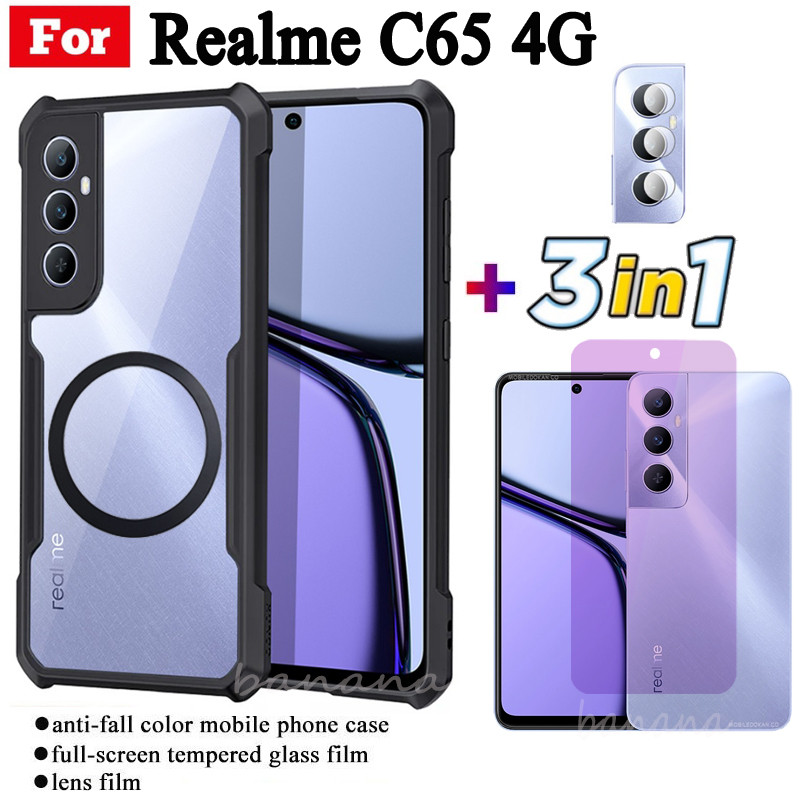 Ốp điện thoại chống sốc 3 trong 1 Realme C65 4G có nhãn dán sạc không dây từ tính cho Realme C75 C67 C61 C63 C53 C51 Note 50 60 Kính cường lực bảo vệ toàn diện + Phim ống kính
