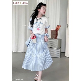 13-45kg (hàng thiết kế) Set áo phông xanh mix chân váy kẻ dài Luca