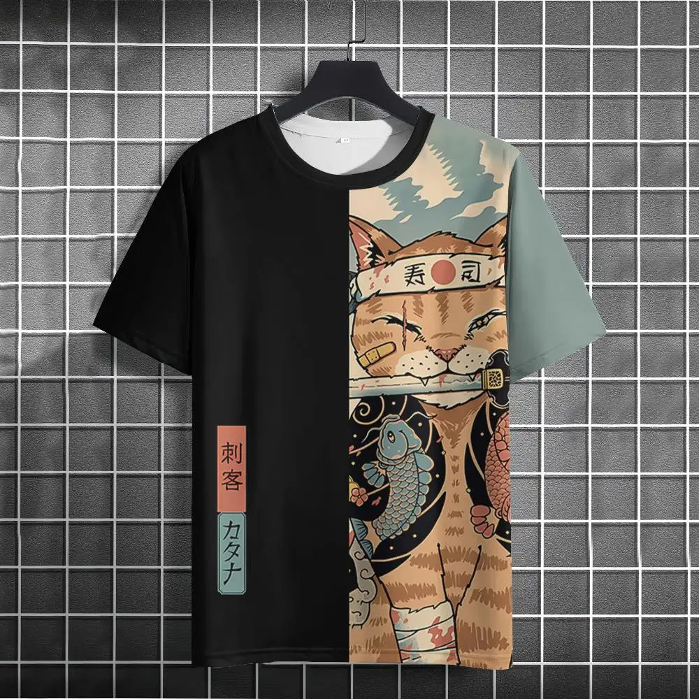 Áo thun unisex phong cách Nhật Bản, in hình mèo samurai 3D, kèm bông tai kẹp