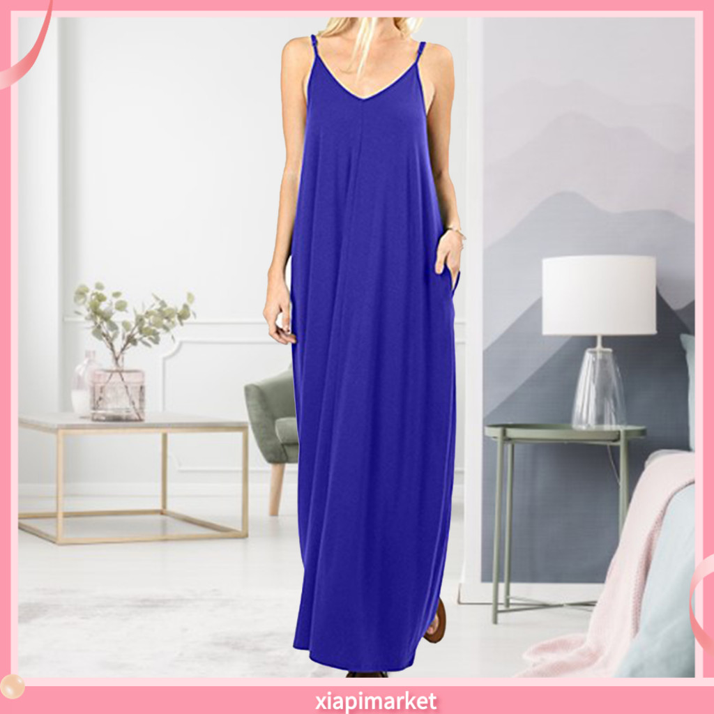 XIA| Đầm không tay Váy dài dáng rộng dáng rộng thời trang dành cho nữ Váy Maxi không tay cổ chữ V có túi Hoàn hảo cho ngày lễ và dạo phố