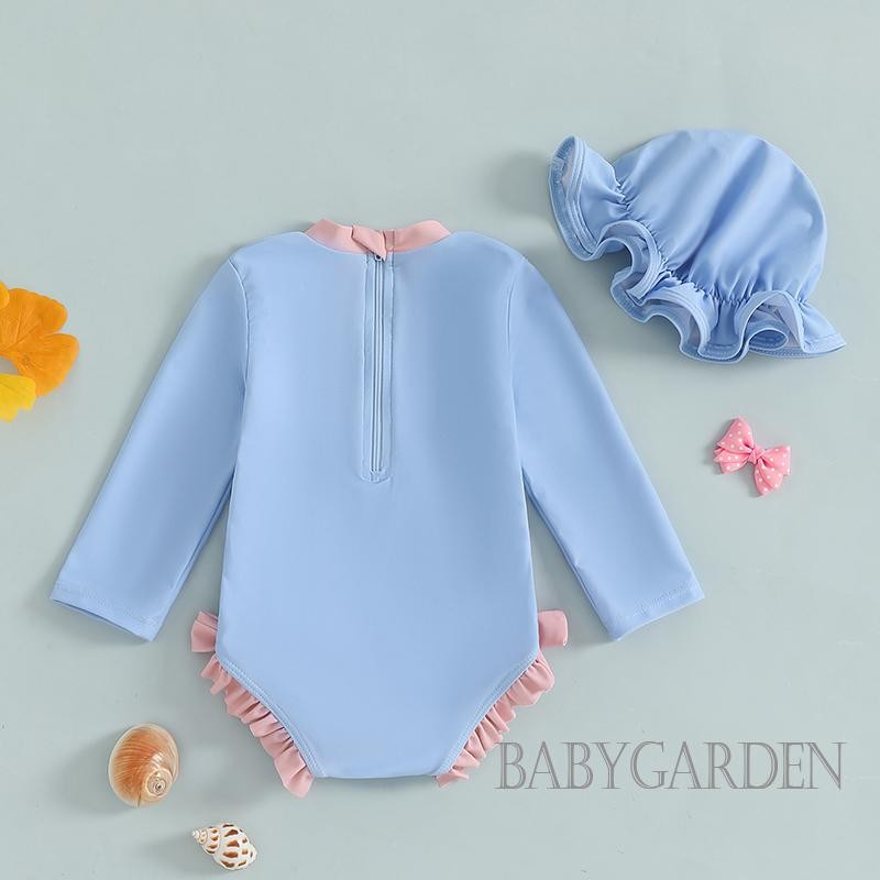 / / -3tháng 3 tuổi Đồ bơi bảo vệ phát ban cho bé gái có mũ chống nắng Bộ đồ tắm dài tay in nơ