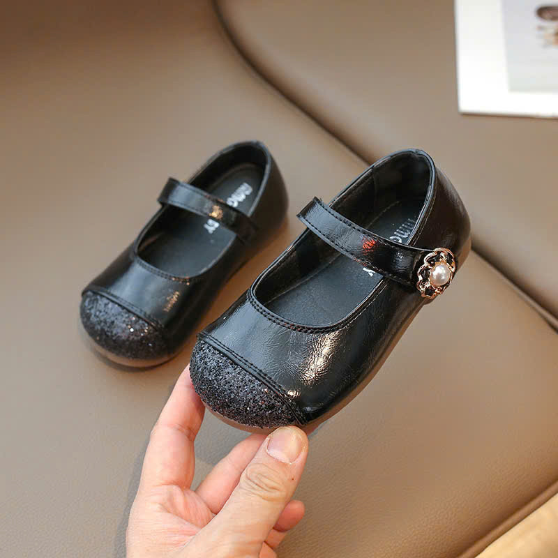 Giày bệt tập đi mũi kim sa da PU bóng mềm nhẹ cho bé gái - Giày búp bê quai dán đính bông hoa dễ thương cho bé  v5905