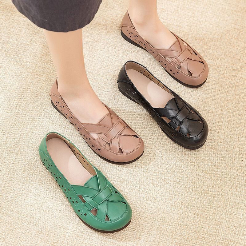 Bò Tendon Da Thật Chính Hãng Lỗ Đế Mềm Trung Niên Người Cao Tuổi Nữ Dép Rỗng Mẹ Mùa Hè Phẳng Thoải Mái Thoáng Khí 25.1.12