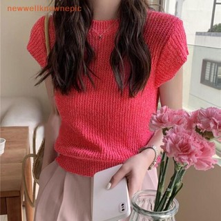 Newwellknownepic Mùa Hè Màu Trơn Retro Dệt Kim Áo Thun Nữ Cổ Tròn Bay Tay Crop Top VN