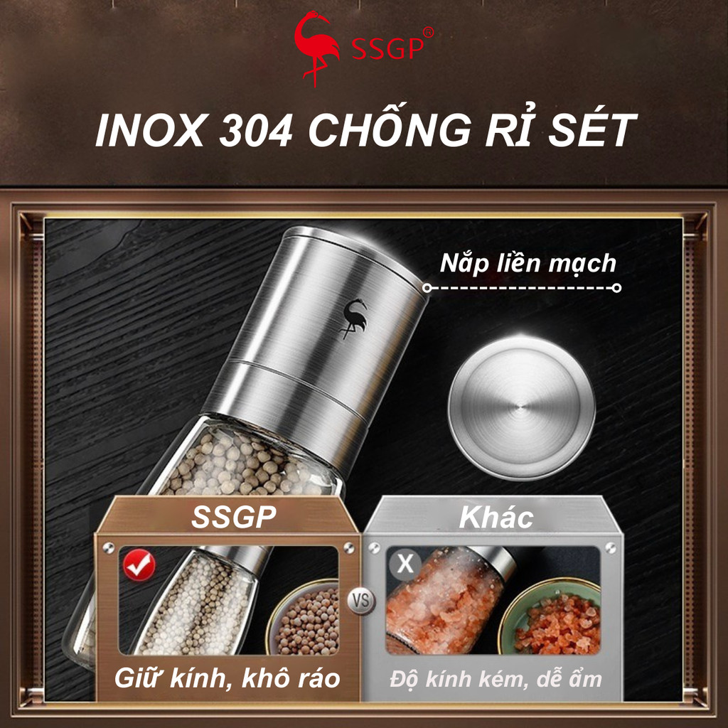 Dụng cụ xay tiêu cầm tay Inox 304 cao cấp của SSGP , SS14401 lọ xay tiêu, xay tiêu thủy tinh