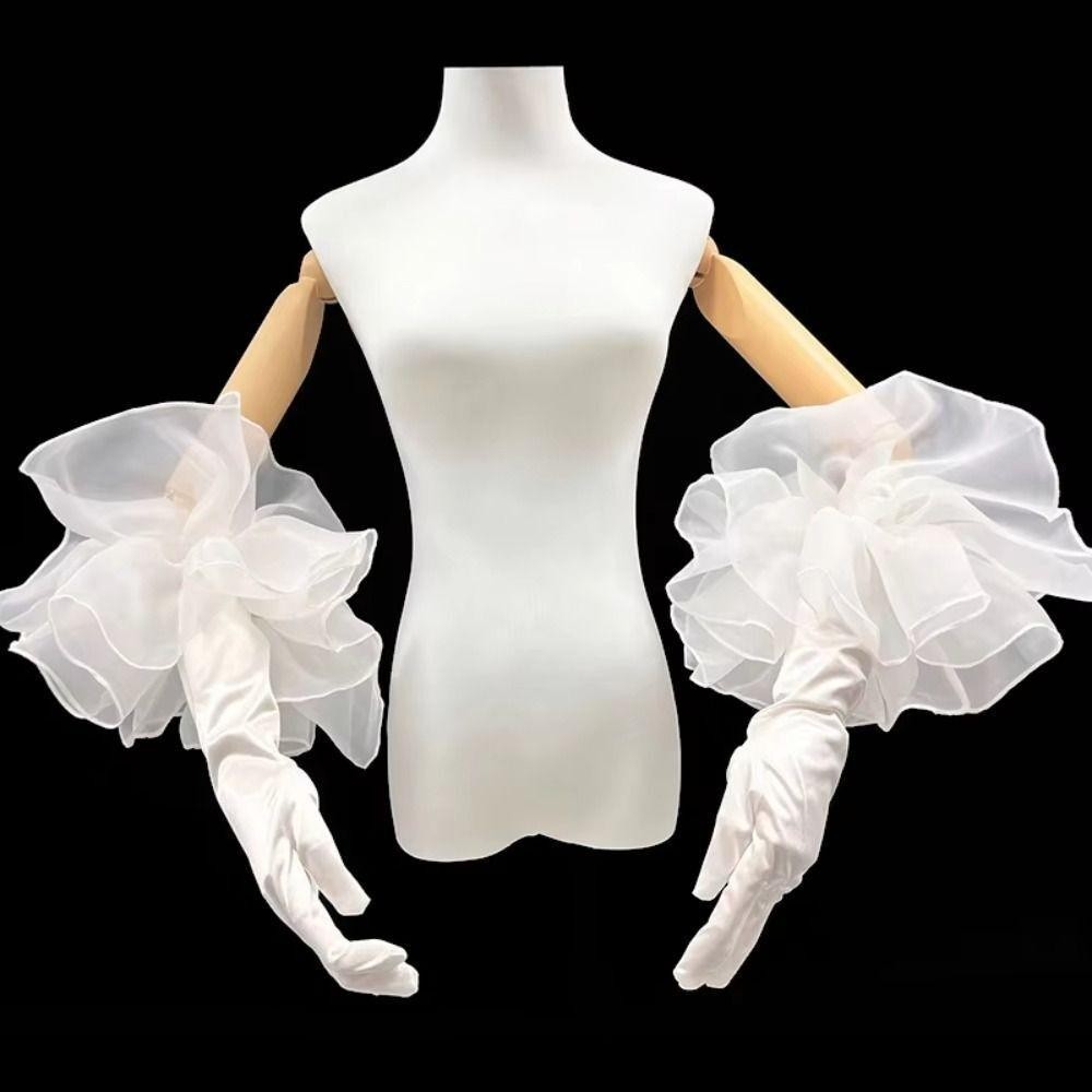 Găng tay cô dâu cưới dài hoa Organza nhung thanh lịch, co giãn, đầy đủ ngón tay, dự tiệc cưới