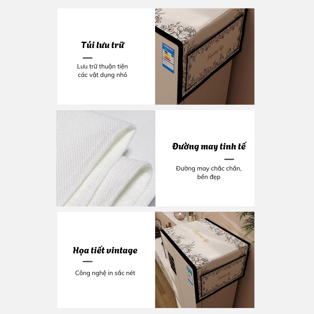 Tấm Phủ Tủ Lạnh Chống Bụi Đa Năng, Khăn Che Tủ Lạnh Vải Cotton Có Ngăn Đựng Đồ Chống Thấm Nước