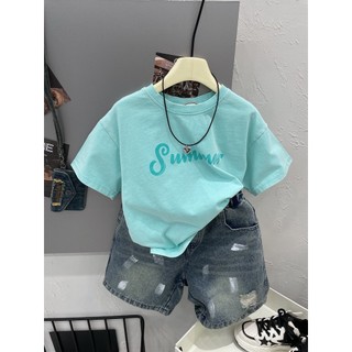 Mùa Hè Trẻ Em Cotton Nguyên Chất Áo Thun Ngắn Tay Bé Trai Đẹp Trai Bạc Hà Xanh Phiên Bản Hàn Quốc Chữ Đơn Giản Cổ Tròn Top